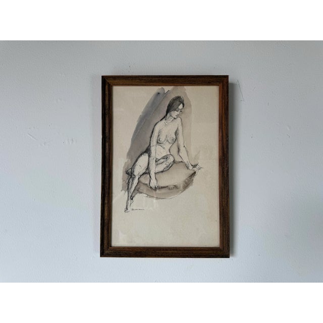 Mid-Century Modern Marcel Julien Baron (France, 1872-1956) Sitting Nude Woman, Ink Drawing, Framed For Sale - Image 3 of 10