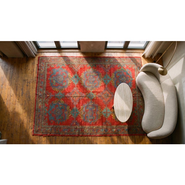 Textile Eye-Catching Large Red Background Color With Medallion Design Antique Turkish Oushak Runner For Sale - Image 7 of 9