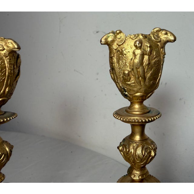 Bronze Pair Antique Ornate 1800's Gilt Bronze French Figural Candlestick Candle Holders For Sale - Image 8 of 13