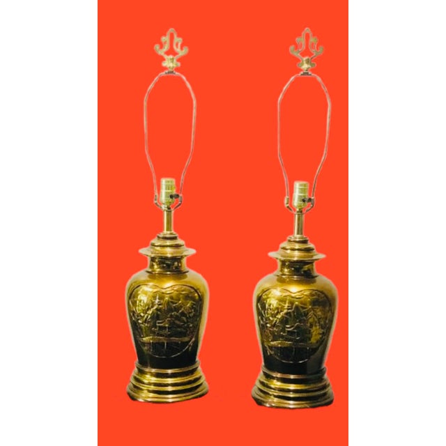 Beautiful Chinese style glass lamps,timeless decor with etched design of pagoda a gorgeous brass color.