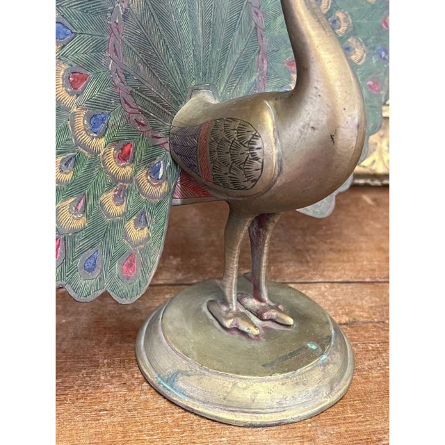 Metal Vintage Hand Painted Etched Possibly Brass Peacock Sculpture Statuette For Sale - Image 7 of 9