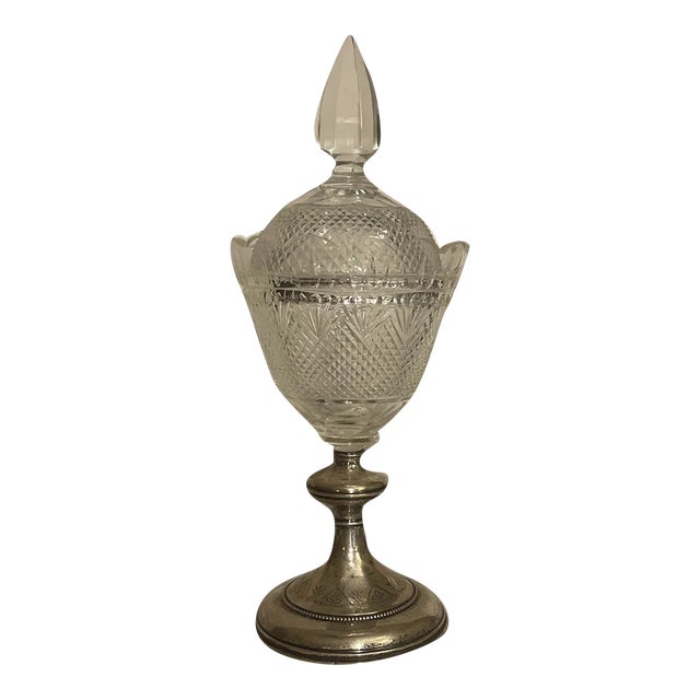 Crystal Lidded Compote With Sterling Silver Base For Sale