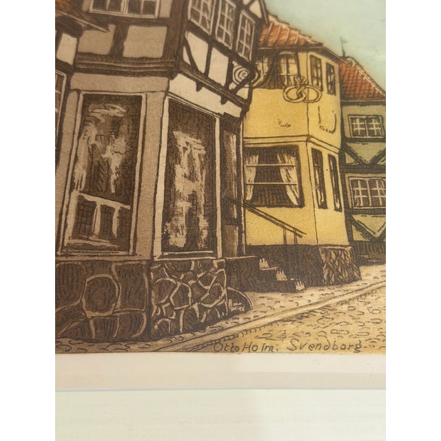 Yellow Late 20th Century Otto Holm - Sønderborg Street Scene, Hand-Colored Etching For Sale - Image 8 of 10