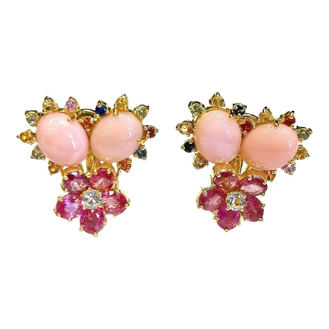 Bochic “Orient” Ruby, Coral & Multi Sapphire Earrings Set in 18k & Silver - 2 Pieces For Sale