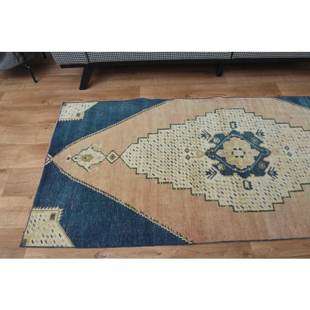 1970s Vintage Turkish Handmade Wool Cotton Blue Area Rug For Sale - Image 9 of 11