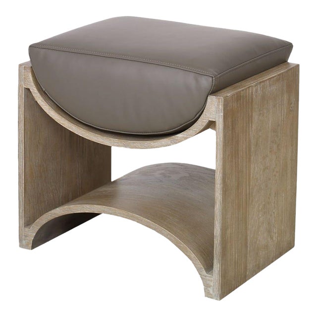 Weathered Oak Leather Bench For Sale