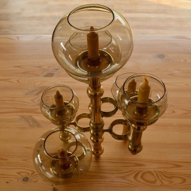 Gold Scandinavian Modern Brass Candelabra with Glass Shades, 1960s For Sale - Image 8 of 11