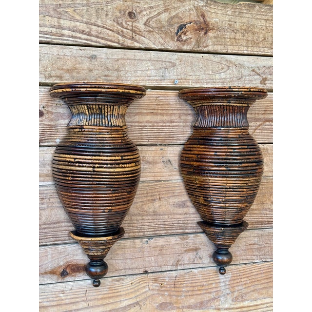 Vintage Boho Sculptural Pencil Rattan Wall Sconces With Ribbed Urn Form For Sale - Image 9 of 11