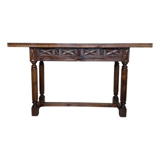 20th Century Spanish Console Fold Out Farm Table With Wood Stretcher For Sale