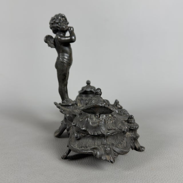 Inkwell for Writing Desk with Winged Putto in Burnished Antimony, 20th Century For Sale - Image 3 of 12