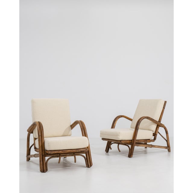 Pair of Faux Bamboo Reclining Armchairs With Bouclé Upholstery Cream Mid 20th Century For Sale - Image 10 of 16