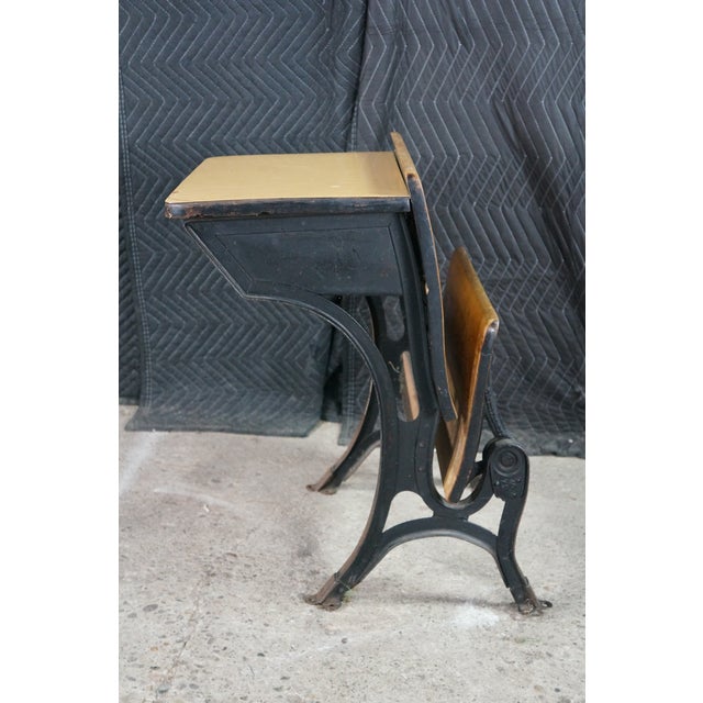 Brown Antique T. Kundtz Co. American Solid Maple Classroom School Desk Cast Iron 1900 For Sale - Image 8 of 18