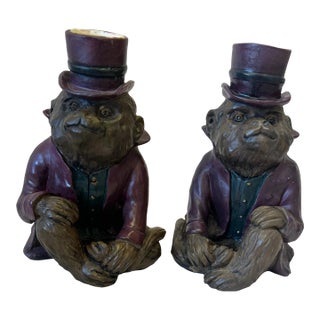 Vintage Hand Carved and Hand Painted Monkey Candle Holders - a Pair For Sale