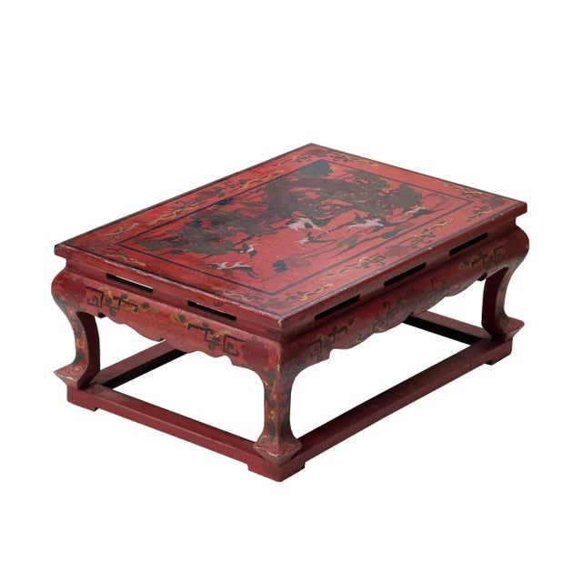 Vintage Distressed Red White Cranes Pine Graphic Rectangular Stand Table For Sale In San Francisco - Image 6 of 12