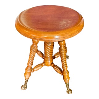 Late 19th Century Antique Victorian Oak Piano Stool-Barley Twist-Iron Claw-Glass Ball Casters For Sale