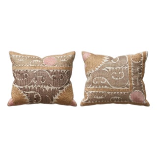 Brown Faded Suzani Bedding Pillow Cover 22'' X 26'' - Set of Two For Sale