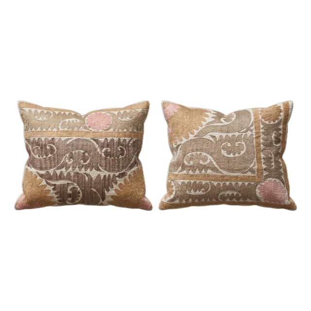 Brown Faded Suzani Bedding Pillow Cover 22'' X 26'' - Set of Two For Sale