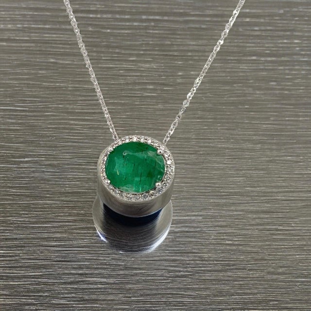 Italian Natural Emerald Diamond Pendant Necklace 15" 14k WG 4.06 TCW Certified For Sale - Image 3 of 10