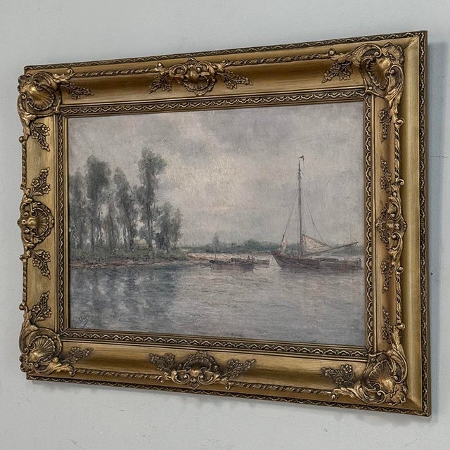 Late 19th Century 19th Century Belgian Oil on Canvas Painting of Riverboats by Romain Steppe in Original Gilt Frame For Sale - Image 5 of 16