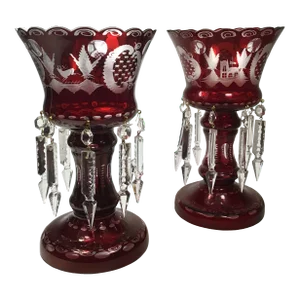 Vintage Bohemian Ruby to Clear Etched Glass Lusters - a Pair