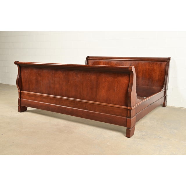 Baker Furniture Company Grange Style French Louis Philippe Carved Cherry Wood King Size Sleigh Bed For Sale - Image 4 of 13