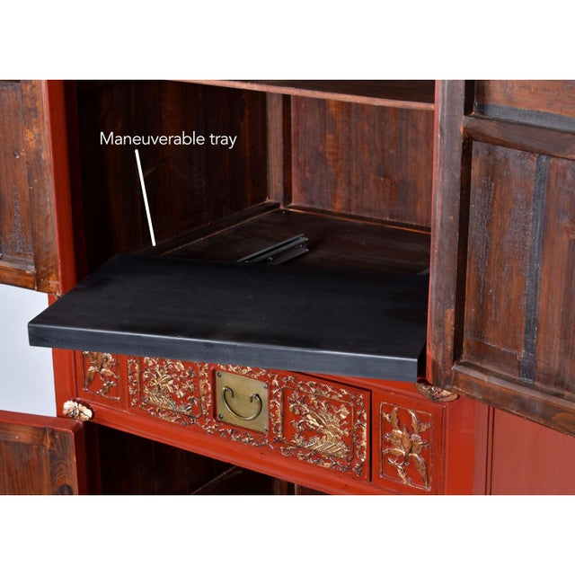 Late 20th Century Ornately Carved Asian Modern Red Lacquer Gilt Gold Armoire With Brass Hardware For Sale - Image 5 of 14