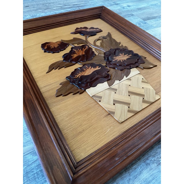 Chestnut 1980s Intarsia Wood Floral Wall Art Pair | Tulip and Peony Basket Carvings - Signed - Set of 2 For Sale - Image 8 of 12