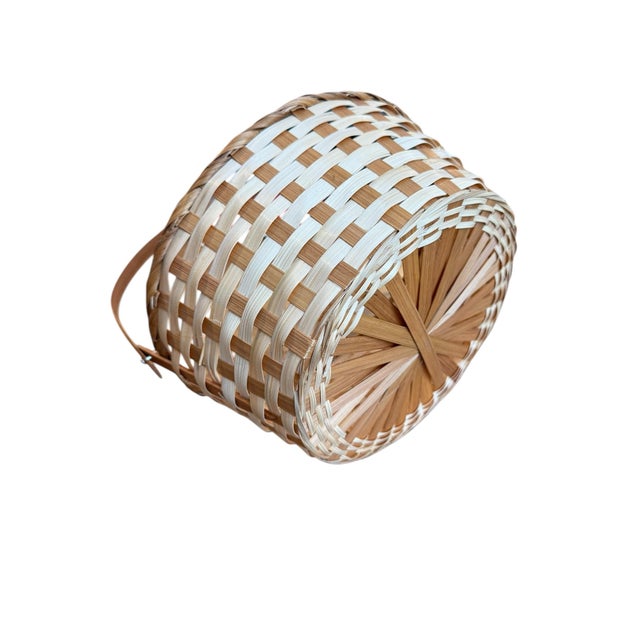 Wood Basket Natural Split Reed Woven Two Tone For Sale - Image 7 of 8