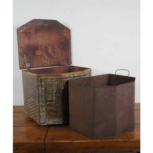 Mid 19th Century Antique Dutch Embossed Brass Fireside Tavern Coal Bin Fire Box Scuttle For Sale - Image 4 of 12