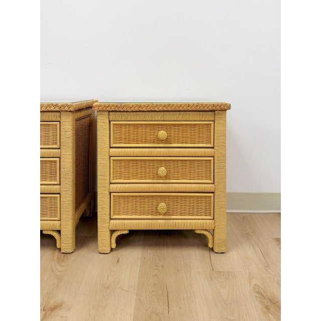 Hollywood Regency Henry Link Wicker 3-Drawer Pair of Nightstands Vintage Coastal Hollywood Regency For Sale - Image 3 of 13