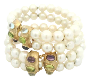 Pair of Vintage 14k Gold Freshwater Pearl & Multi-Gemstone Bracelets, 1980s–1990s
