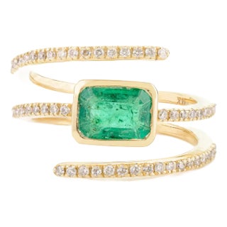 14k Yellow Gold Octagon Cut Emerald & Diamond Spring Ring Size 5.5 For Sale