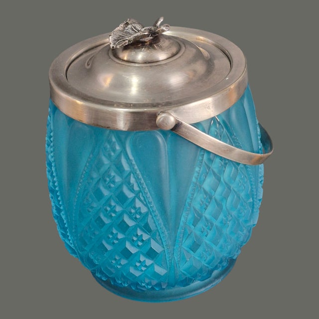Victorian Antique Victorian Blue Frosted Satin Glass Silver Plated Lid Handle Biscuit Jar For Sale - Image 3 of 11