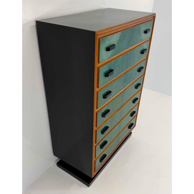Paper Italian Chest of Drawers in Emerald Green Parchment and Walnut with Black Details, 1950s For Sale - Image 7 of 15