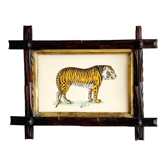 Original Hand-Painted Folk Lion Painting in an Antique Folk Frame For Sale