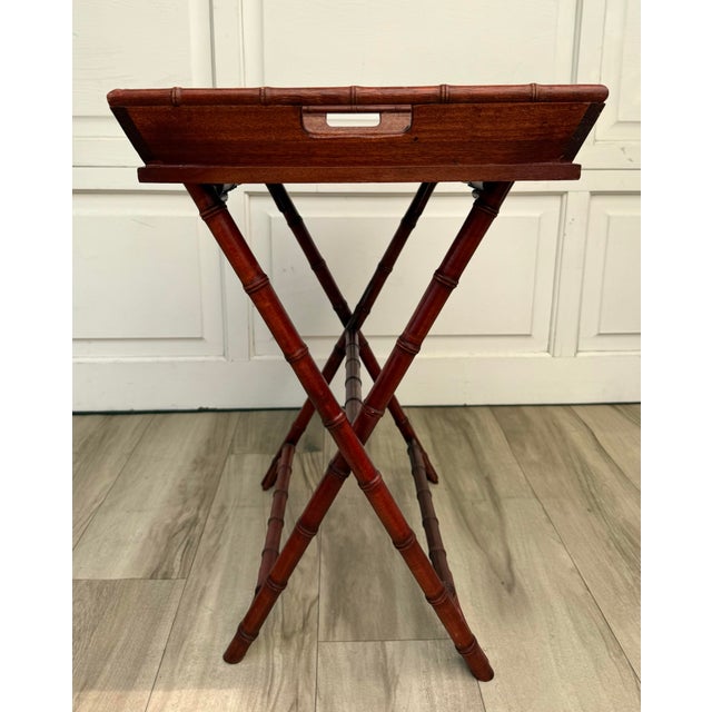 Sienna Vintage Faux Bamboo Folding Butler's Tray Table With Woven Cane Tray For Sale - Image 8 of 14