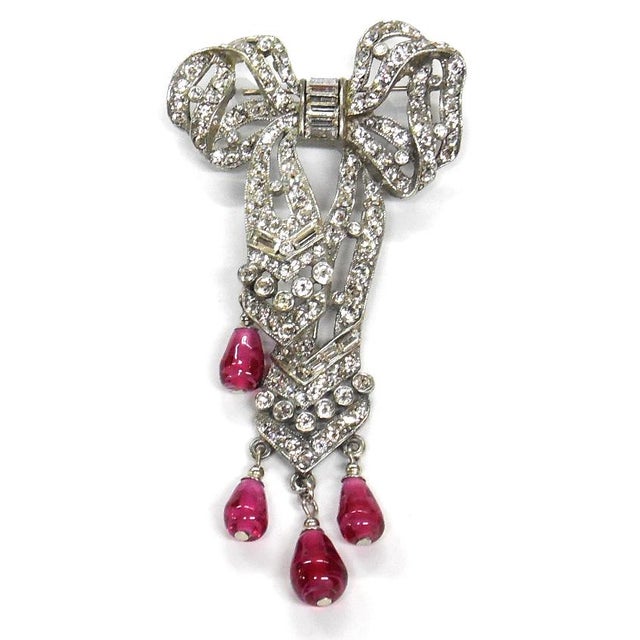 Silver plated bow brooch with clear crystals and pink stones 2 3/4" x 2"
