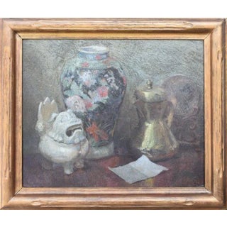 Early 20th Century Still Life with Japanese Shisa Oil Painting, Framed For Sale