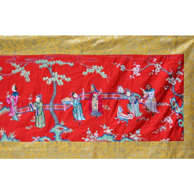 Vintage Chinese Hand Embroidery Long People Gather Scenery Wall Art For Sale - Image 9 of 10