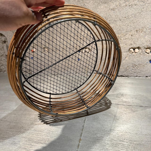 Tan Round Wicker Metal Wrapped Basket Farmhouse Rustic Desig For Sale - Image 8 of 9