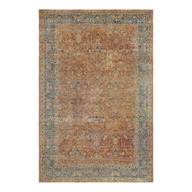 Antique Kerman Lavar Orange-Brown and Blue Wool Persian Floral Rug For Sale