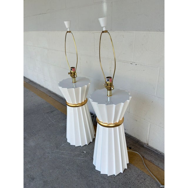 Modern Currey & Co Cinched White Lacquer Lamps - Pair. For Sale - Image 3 of 6