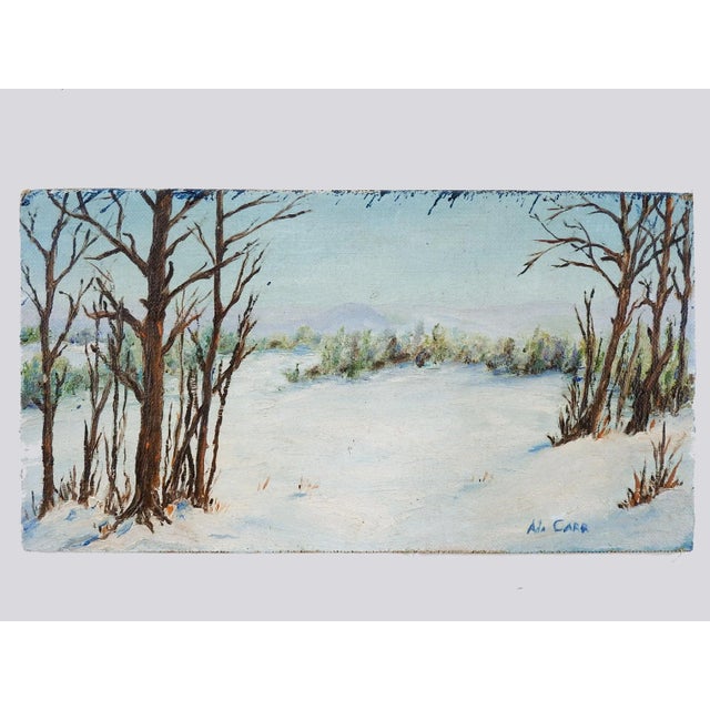 Small oil on canvas board of winter landscape. Signed Ada Carr lower right corner, signed, titled Winter and dated 1967 on...