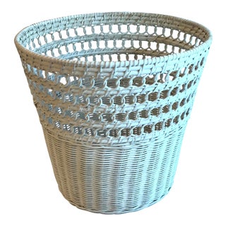 Vintage Mid-Century White Wicker Waste Basket For Sale