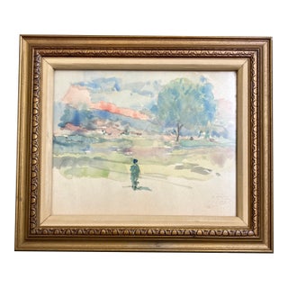 1930’s Original Impressionist Watercolor Painting Figure in Landscape Signed For Sale