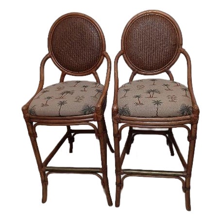 1990s Tommy Bahama Style Barstool Not Swivel Palm Fabric Upholstered Seat Set of 2 For Sale