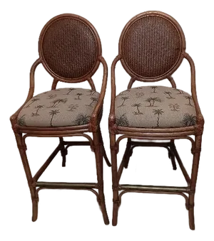 1990s Tommy Bahama Style Barstool Not Swivel Palm Fabric Upholstered Seat Set of 2
