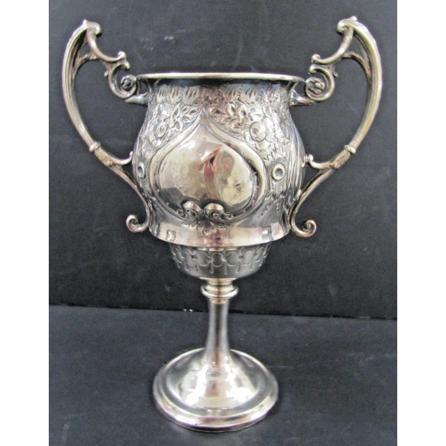 1900 - 1909 1900s Victorian Silver Plated Trophy Cup Cast Scroll Handles Chased Floral Design For Sale - Image 5 of 12