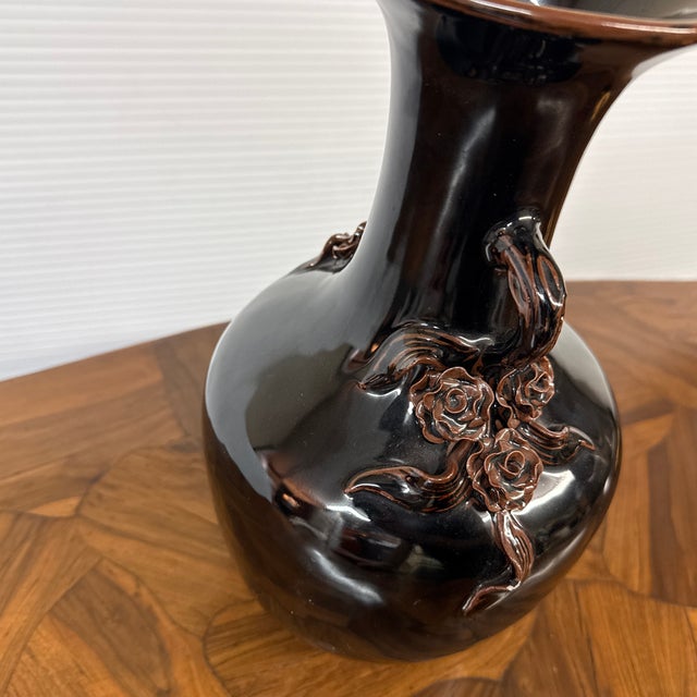Antique Replica Chinese Dark Glaze Twin-Handle Floral Pottery Vase For Sale - Image 12 of 12