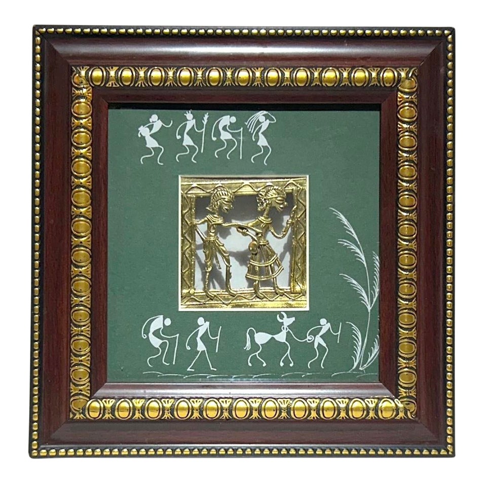 20th Century Fine India Lost Wax Cast Bronze Dhokra Two Figures Framed ...